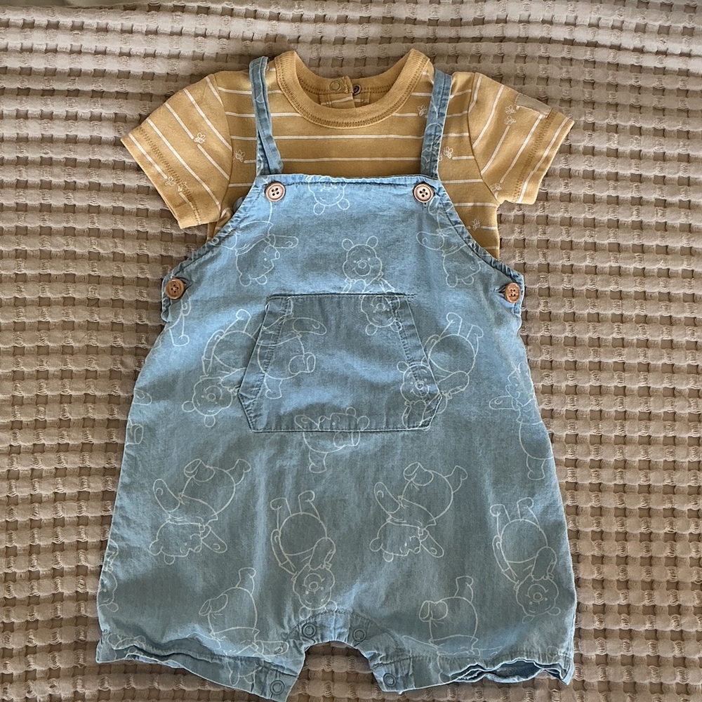 Disney Blue Overalls with Yellow Striped Shirt 18M